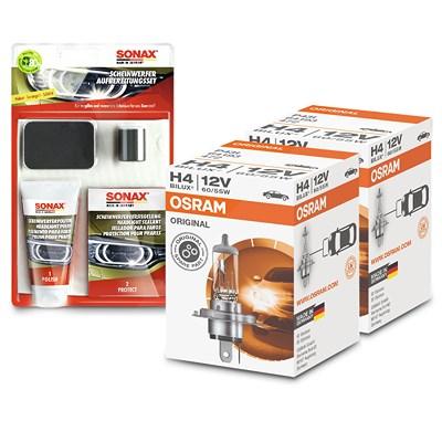 Osram H4 ORIGINAL LINE + Sonax Aufbereitungsset [Hersteller-Nr. 64193] für Alfa Romeo, Audi, Autobianchi, Chevrolet, Chrysler, Citroën, Dacia, Daewoo, Image