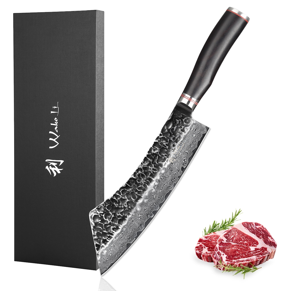 Wakoli EBO Damast BBQ & Blockmesser I 22,5 cm Klinge I schwarzer Eichenholzgriff Image