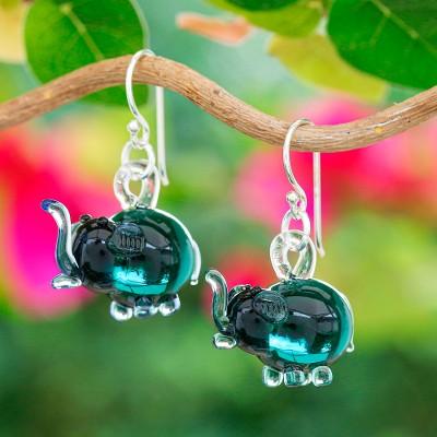 'Elephant-Shaped Handblown Glass Dangle Earrings in Teal'