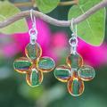 Exotic Blossoms,'Orange and Green Handblown Glass Floral Dangle Earrings'