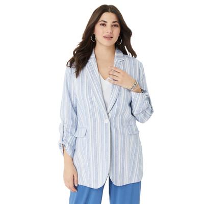 Plus Size Women's Linen Blazer by Roaman's in Dusty Indigo Textured Stripe (Size 12 W)