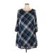 Jessica Howard Casual Dress - Mini Crew Neck 3/4 sleeves: Blue Plaid Dresses - Women's Size X-Large