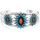 Southwestern Navajo Style Dyed Coral Stabilized Turquoise Squash Blossom Wide Cuff Bracelet for Women 925 Silver