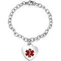 Personalize Customizable Link Chain Fashionable Red Medical Alert Identification ID Charm Bracelet Heart Shape Tag Engrave for Women Teen Silver Tone