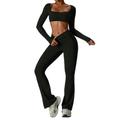 BAODANWUXIAN Workout Outfits Women Seamless Gym Set 2 Piece Outfit Long Sleeve Yoga Crop Top High Waist Flare Leggings Activewear Workout Clothes-Advanced Black Set-C-S