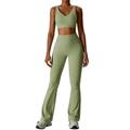 BAODANWUXIAN Workout Outfits Women Seamless Gym Set 2 Piece Outfit Long Sleeve Yoga Crop Top High Waist Flare Leggings Activewear Workout Clothes-Bean Green Set-B-S