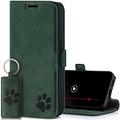 SURAZO Slim Magnetic Mobile Phone Case for Samsung Galaxy A35 Leather - Genuine Leather Protective Case Paw Motif - RFID Flip Case [Stand Function, Card Slot] Flip Cover Case Leather Case (Dark Green)