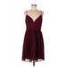 David's Bridal Cocktail Dress - A-Line V Neck Sleeveless: Burgundy Print Dresses - Women's Size 10