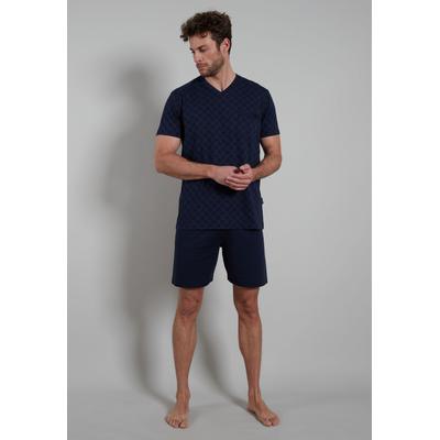 Shorty BUGATTI "Modena", Herren, Gr. 58, blau (blau, dunkel, allover), Single Jersey, Obermaterial: 60% Baumwolle, 40% Polyester, gemustert, unifarben, casual, Basic ca. Mitte Oberschenkel, V-Ausschnitt, Kurzarm, Homewear-Sets, mit modischem... Image