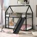 Twin Over Twin Bunk Beds with Slide, Metal Frame House Bunk Bed, Low Twin Bunk Beds with Built-in Ladder and Slide