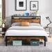 Modern Brown Queen Size Metal Platform Bed Frame with Classic Wooden Accents and Convenient Under-Bed Storage