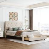 Elegant Design Velvet Upholstered Storage Platform Bed with Big Drawer and Upholstered Headboard, Queen Size