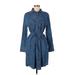 Ann Taylor LOFT Casual Dress - Shirtdress Collared Long sleeves: Blue Solid Dresses - Women's Size Large
