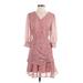 Allegra K Casual Dress - A-Line V-Neck 3/4 sleeves: Pink Floral Dresses - Women's Size X-Small