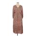 Mittoshop Casual Dress - Midi V-Neck 3/4 sleeves: Brown Floral Dresses - Women's Size X-Large