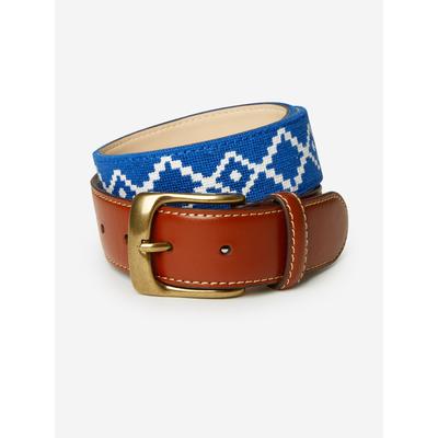 J.McLaughlin Men's Needlepoint Belt in Geo Diamond White/Blue, Size 32 | Cotton/Leather