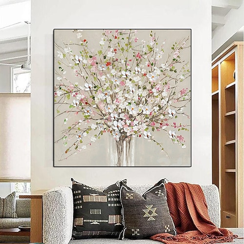 Blumenölgemälde auf Leinwand, handgemaltes abstraktes rosa Blumengemälde, Blumenlandschaftsgemälde, handgemachtes Blumenölgemälde, Wandkunst, Leinwand, Frühlingsgemälde für Wohnzimmerwandkunst Image