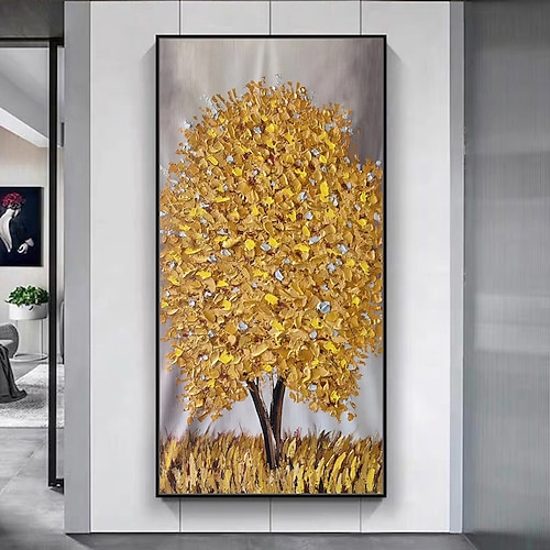 Mintura handgefertigte silberne Baum-Landschaftsölgemälde auf Leinwand, Wandkunst, Dekoration, moderne abstrakte goldene Baumbilder für Heimdekoration, gerolltes, rahmenloses, ungedehntes Gemälde Image