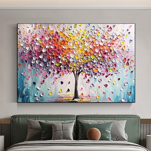 Handgemaltes buntes Baum-des-Lebens-Ölgemälde auf Leinwand, abstraktes Landschaftsbild, Kunstwerk, Messergemälde für Wohnzimmer, Schlafzimmer, Wanddekoration, ungerahmt Image