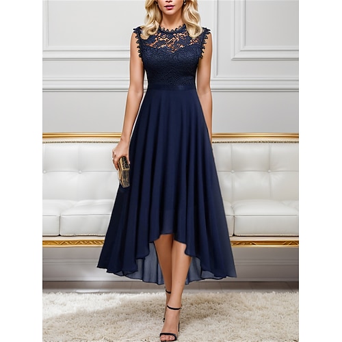 Damen schwarzes kleid Spitzenkleid abendkleider Chiffon Spitze Rüschen Rundhalsausschnitt Ärmellos Midikleid winterkleider damen kleid hochzeitsgast Schwarz Rosa Sommer Frühling Image