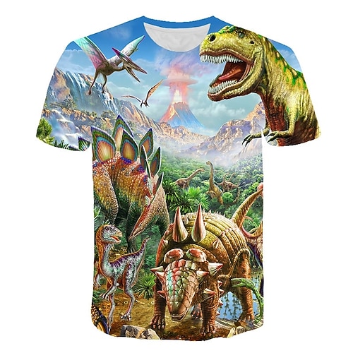 Kinder Jungen T-Shirt Kurzarm Dinosaurier 3D-Druck Tier Druck Graues Grün Marineblau Schwarzgrau Kinder Oberteile Sommer Aktiv Freizeitskleidung Normale Passform 4-12 Jahre Image