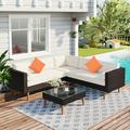 EUROCO 4 Piece Rattan Sectional Sofa Set Outdoor Conversation Set All-Weather Wicker with Removable Beige Cushions & Coffee Table Modern Furniture Couch Set for Patio Deck Garden Pool