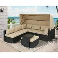 Haverchair Rattan Patio Furniture Set 7 Pieces with Retractable Canopy Wicker Sectional Sofa Set Daybed Outdoor Furniture Set with Adjustable Backrest and Cushions Storage Table Beige