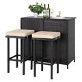 3-Piece Patio Outdoor Bar Set with Two Stools and Glass Top Table Patio Brown Wicker Furniture with Removable Cushions for Backyards Porches Gardens or Poolside