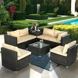 8 Pieces Patio Furniture Set Wicker Outdoor Conversation Set Rattan Sectional Sofa Set w/Storage Box & Glass Coffee Table for Porch Poolside Backyard-Brown/Brown