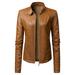 Leather Jacket for Women Zip Up Long Sleeve Leather Jacket Casual Slim Fitted Short Leather Coat Moto Biker Outwear