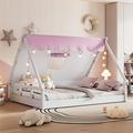 Adorable Wooden Full Size Tent Bed for Kids Offering a Tent-Shaped Platform Bed with Fence and Roof in White and Pink Ideal for Play and Sleep