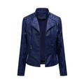 Lovskoo 2024 Women Faux Leather Jacket Moto Biker Coat Trendy Lapel Zip Biker Short Punk Cropped Tops Asymmetrical Motorcycle Jacket Standard Outerwear Short Coat Navy