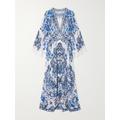 Camilla - Embellished Lace-trimmed Printed Silk Crepe De Chine Maxi Dress - Blue