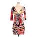 Sky Casual Dress - Mini Plunge 3/4 sleeves: Red Floral Dresses - Women's Size Small