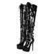 blingqueen Women's Platform Thigh High Boots with Zipper Stiletto Heel Over The Knee High Boots Lace Up Punk Motorcycle Boots Buckles Chains Rivets Ornamented Long Shaft Sock Boots Black Size 7