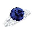 Round Created Blue Sapphire Ring, Created Blue Sapphire Ring with Diamond, Created Blue Sapphire Ring for Women, White Gold, Size:Z