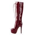 THOYBMO Women's Mid Calf Boots Patent Leather Platform Stiletto Boots Round Head Lace Up Side Zip Knee High Boots Pump Formal Dress for Casual Travel,Red,44