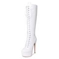 THOYBMO Women's Mid Calf Boots Patent Leather Platform Stiletto Boots Round Head Lace Up Side Zip Knee High Boots Pump Formal Dress for Casual Travel,White,45