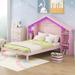 Rustic Platform Bed with House-Shaped Storage Headboard & Built-in LED, Wood Bed Frame for Boys Girls, No Box Spring Required