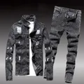 2022 Autumn Winter Men Jean Set Jacket New Tide Cowboy Jeans Suit Jacket Handsome Men's Clothing