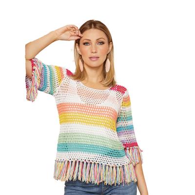Masseys Fringe Summer Sweater (Size L) Multi Stripe, Acrylic,Polyester