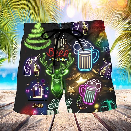 Herren Badehosen Badeshorts Boardshorts Kordelzug mit Mesh-Futter Elastischer Bund Bier Hirsch Schnelltrocknend Kurz Weihnachten Ferien Strand Hawaiianisch Lässig Schwarz Mikroelastisch