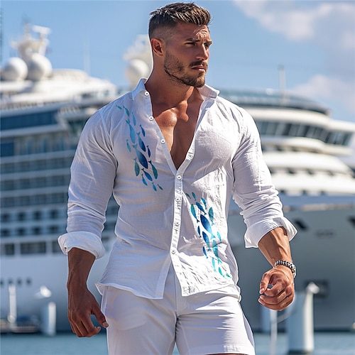Herren Wellen Seelandschaftsmuster Hawaiihemd Sommerhemd Aloha-Shirt Bedruckte Hemden Langarm Hemd Umlegekragen Hawaiianisch Resort Urlaub Ausgehen Strand Schwarz Weiß Blau S M L Image