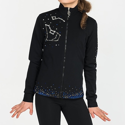 Fleecejacke fürs Eiskunstlaufen Damen Mädchen Eislaufen Jacke Shirt Schwarz elastisch Ausbildung Wettbewerb Eiskunstlaufkleidung warm Kristalle Langarm Eislaufen Eiskundstlauf Image