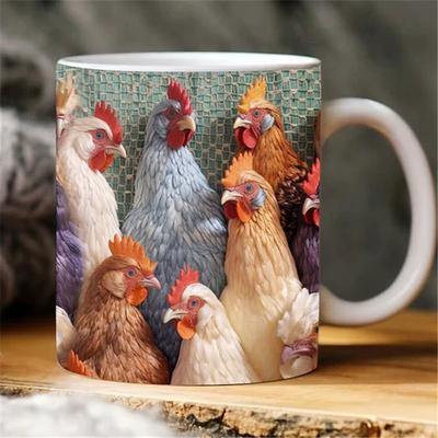 3D Chicken Flowers Mug, 11oz Mug Design, 3D Farm Mug Sublimation, Chicken Mug Wrap, Rooster Floral Mug