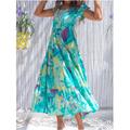 Women's Swing Dress Tiered Dress Floral Ditsy Floral Print Crew Neck Long Dress Maxi Dress Tropical Boho Home Holiday Short Sleeve Regular Fit Wine Blue Green Summer Fall S M L XL 2XL