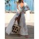 Women's White Dress Summer Dress Cover Up Long Dress Maxi Dress Lace up Hollow Out Vacation Beach Streetwear Maxi V Neck Long Sleeve White Color