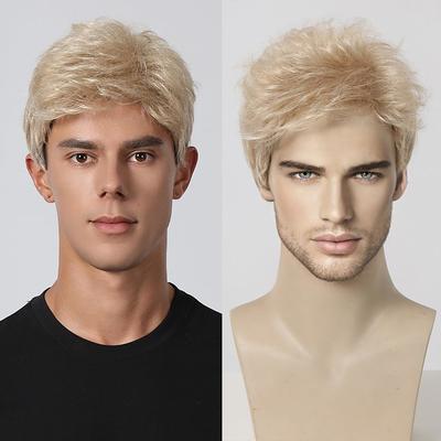 Short Mens Wig Fluffy Hair Blonde Wig for Men Natural Looking Synthetic Hair Full Wig for Male Daily Cosplay Costume Use