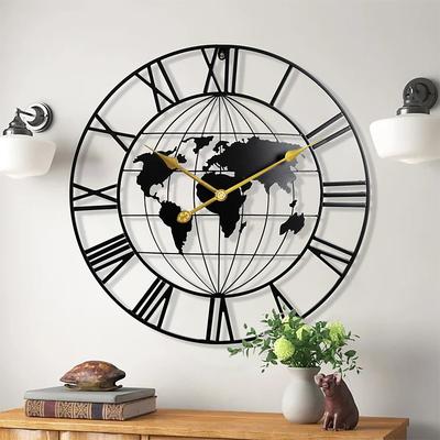 Large World Map Wall Clock Metal Minimalist Modern Clock Round Silent Non-Ticking Battery Operated Wall Clocks for Living Room Home Kitchen Bedroom Office School Decor 60 cm