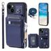 Compatible with iPhone 14 Plus PU Leather Clasp Flip Zipper Purse Case with Shoulder Strap Lanyard for Women Credit Card Holder Cell Accessories Phone Cover for iPhone 14 Plus Blue